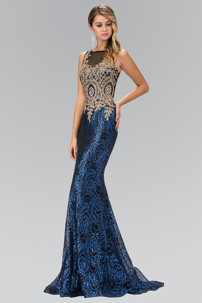 Floor Length Dress with Gold Lace on Bodice and Sequin on Skirt-smcdress