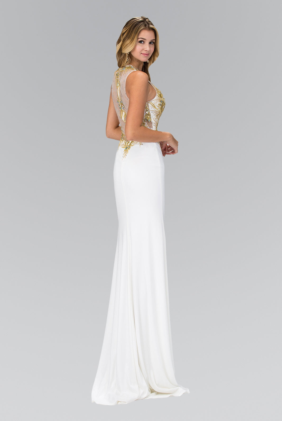 Floor Length Dress with Lace Embroidered Back and Bodice-smcdress