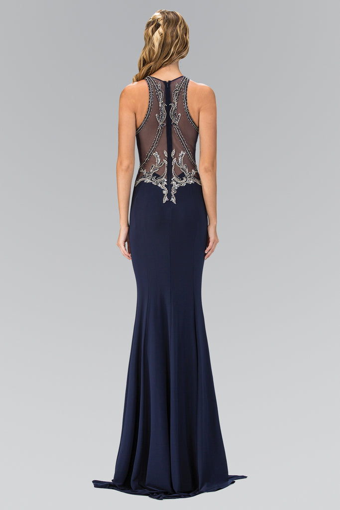 Illusion Back Floor Length Dress with Sheer Side Cut Outs-smcdress