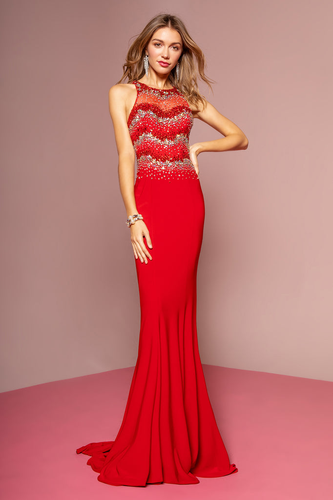 Jewel Embellished Open Back Floor Length Dress-smcdress