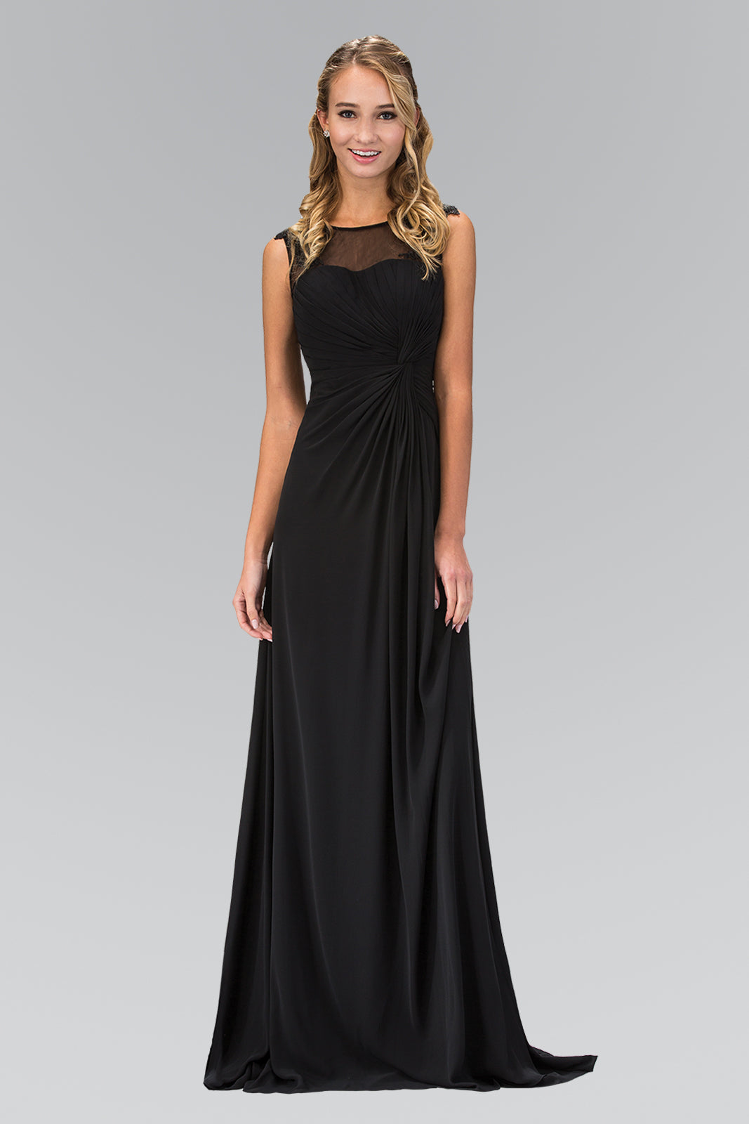 Ruched Floor Length Dress with Illusion Neckline and Sheer Back-smcdress
