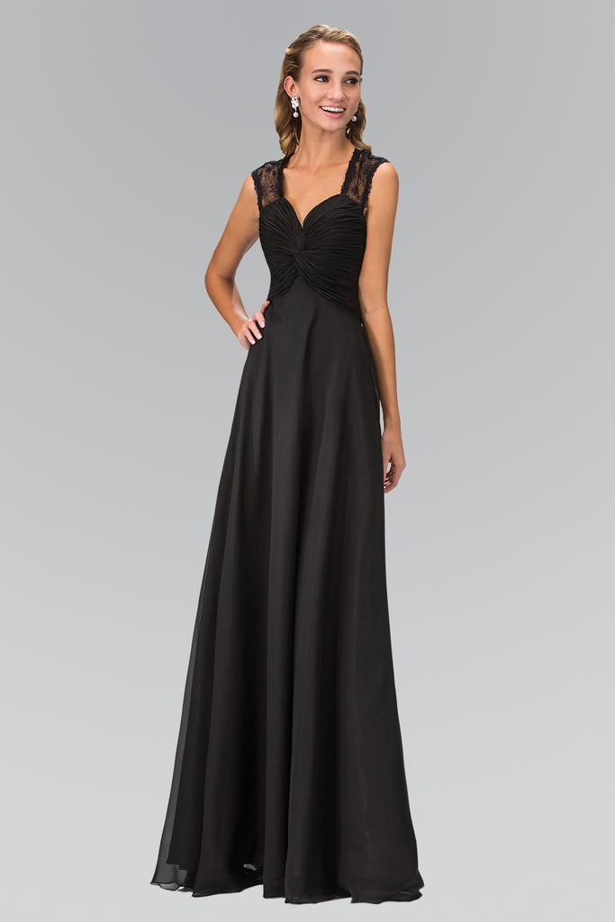 Empire Waist Long Dress with Ruched Bodice and Lace Back-smcdress