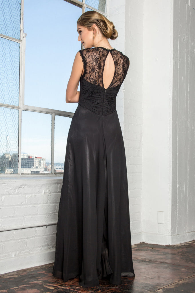 Empire Waist Long Dress with Ruched Bodice and Lace Back-smcdress