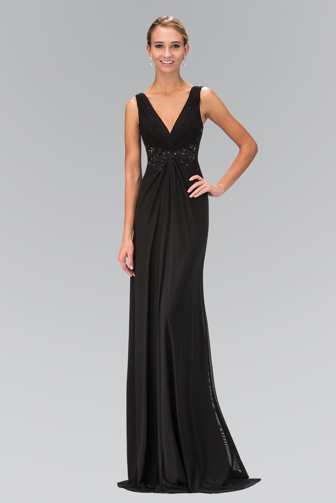 Empire Waist V-Neck Ruched Long Dress with Lace Back-smcdress