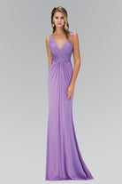 Empire Waist V-Neck Ruched Long Dress with Lace Back-smcdress