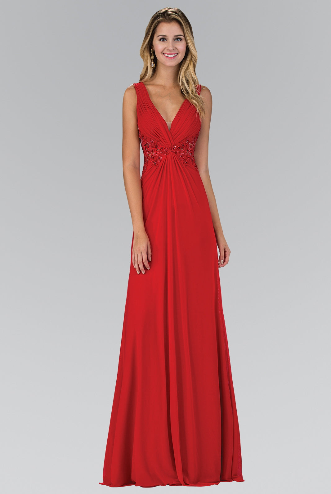 Empire Waist V-Neck Ruched Long Dress with Lace Back-smcdress