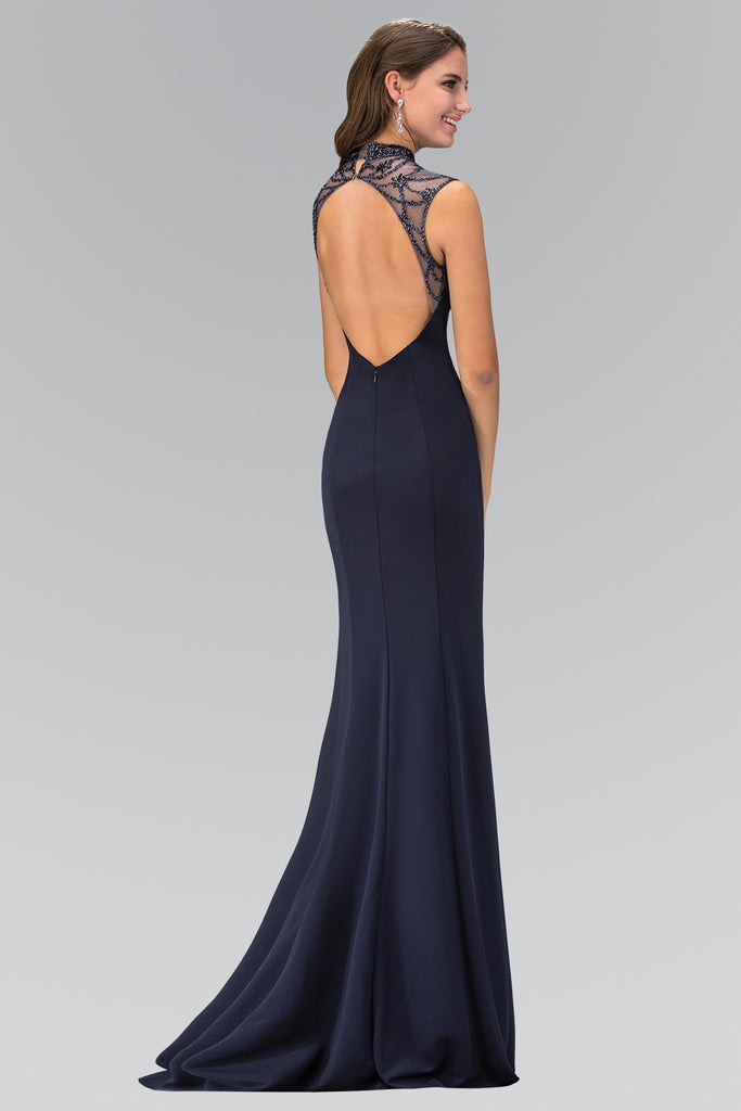 High neck Navy Long Jersey Dress with Bead Detailing.-smcdress