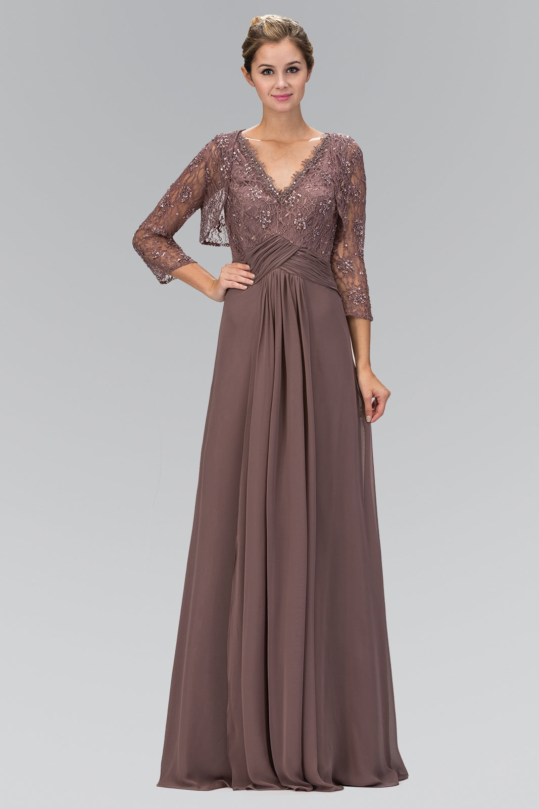 V-Neck Floor Length Dress with Long Sleeve Lace Bolero Cardigan-smcdress