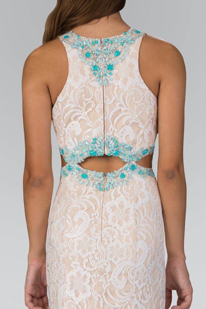 Long Ivory Lace Dress Accented with Bluish Jewel and Cut Outs-smcdress