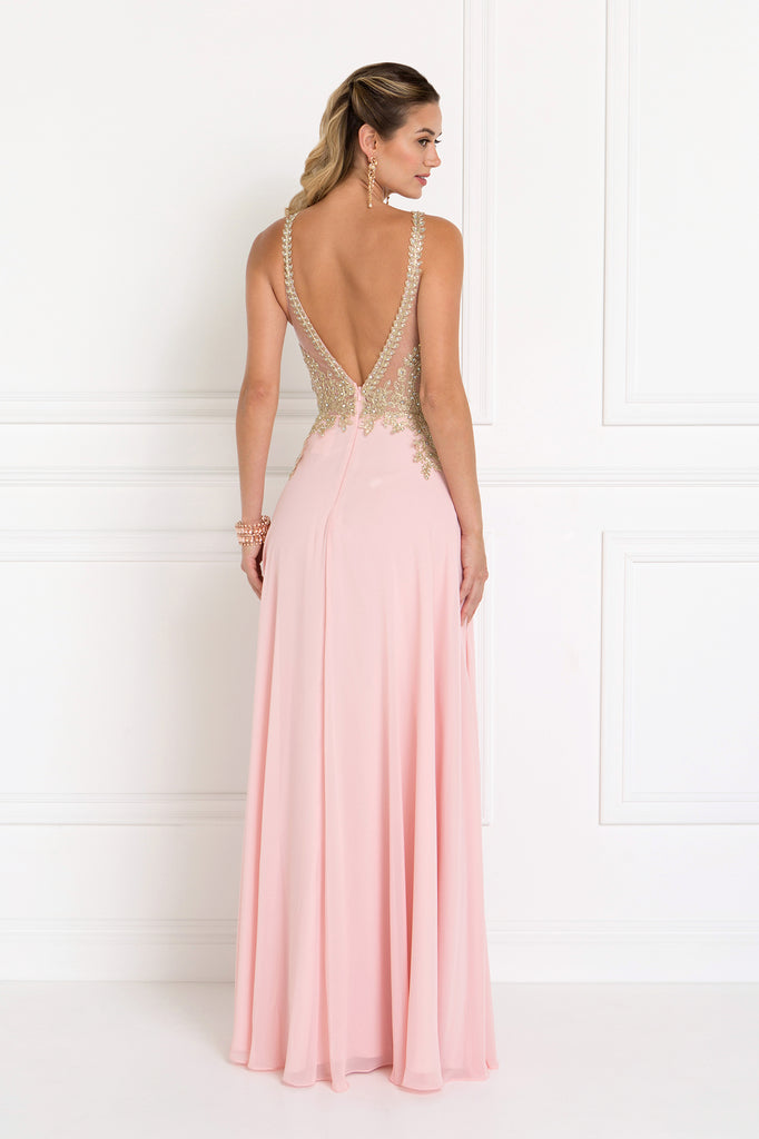 Chiffon Deep V-Back Dress Accented with Embroidery-smcdress