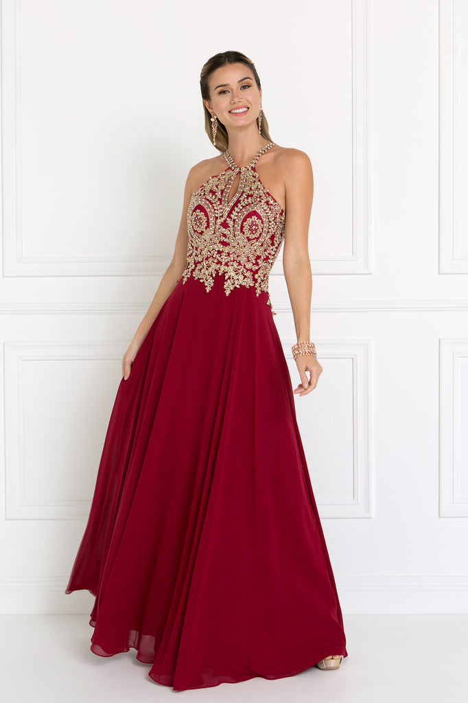 Chiffon Deep V-Back Dress Accented with Embroidery-smcdress