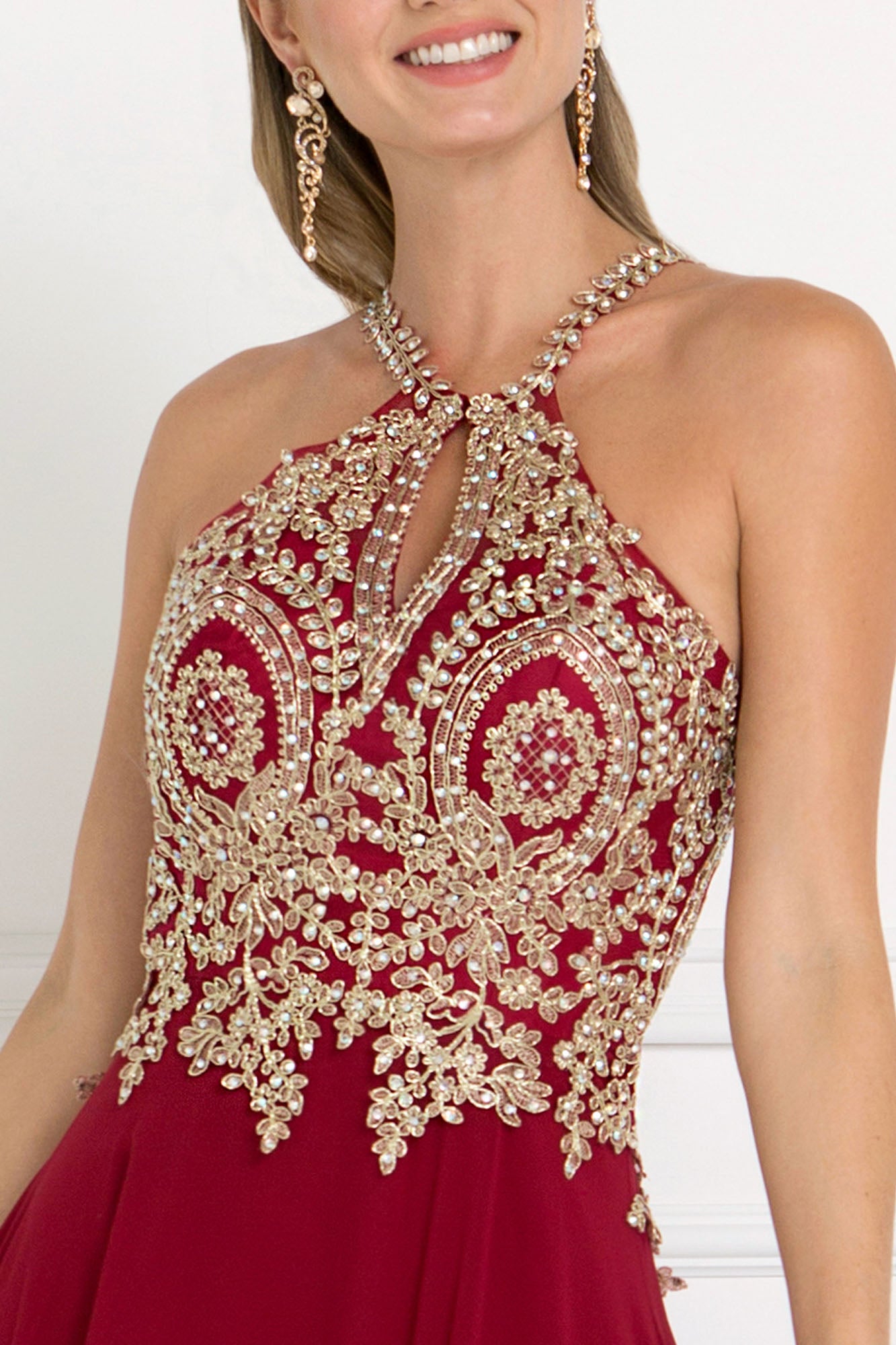 Chiffon Deep V-Back Dress Accented with Embroidery-smcdress