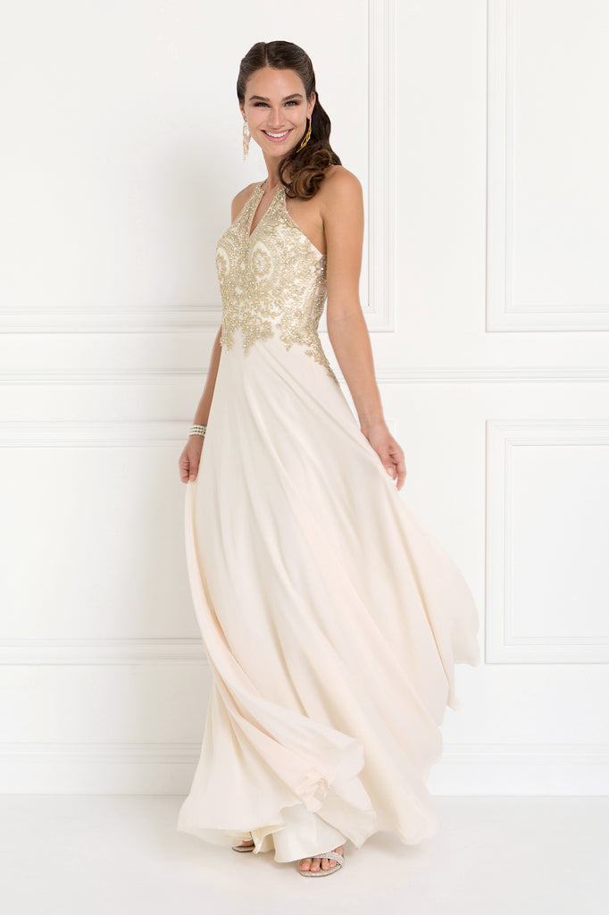 Chiffon Deep V-Back Dress Accented with Embroidery-smcdress