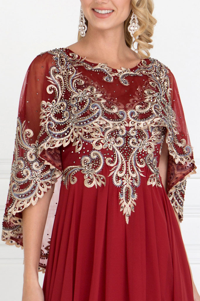 Chiffon A-Line Long Dress with Embroidered Cape Sleeves-smcdress