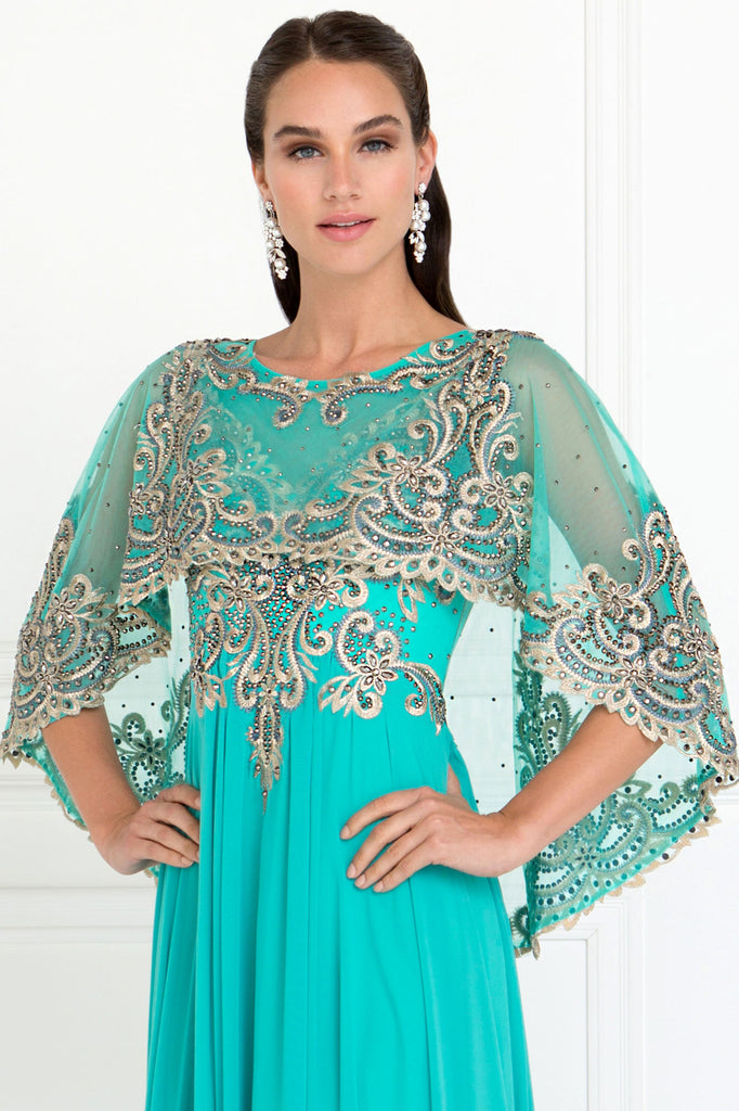 Chiffon A-Line Long Dress with Embroidered Cape Sleeves-smcdress