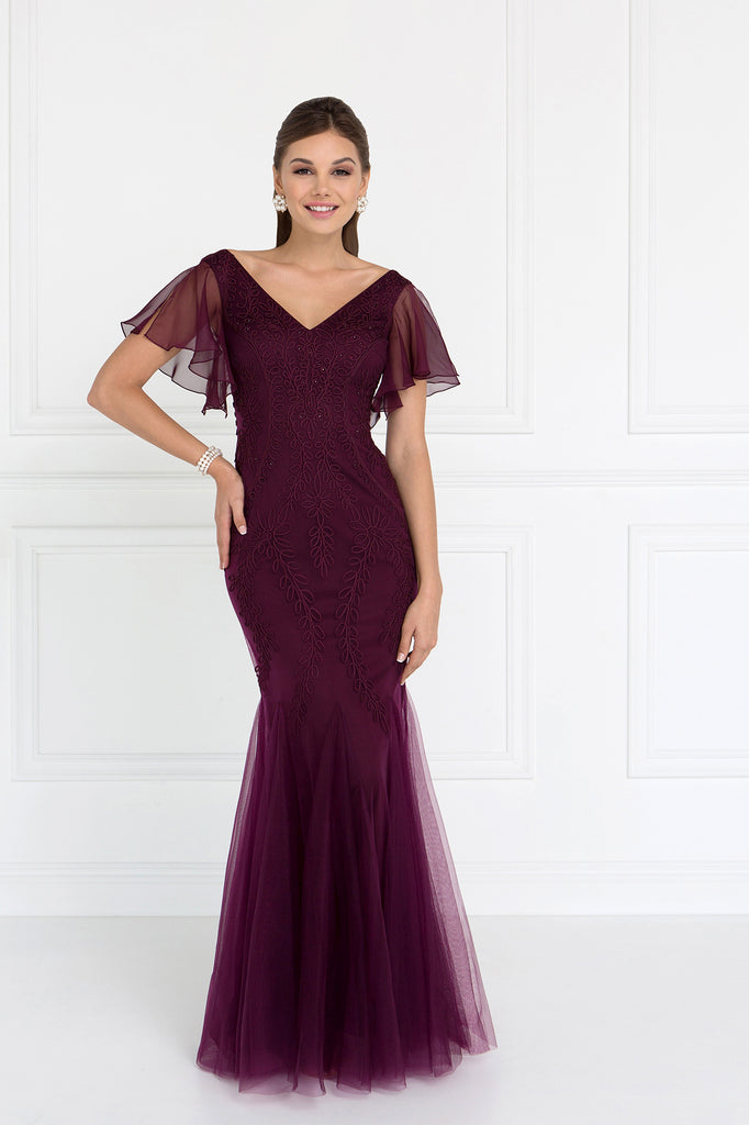Tulle V-Neck Trumpet Long Dress with Short Sleeves-smcdress