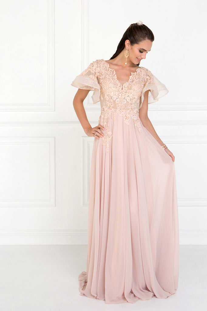 Chiffon Wide V-Neck A-Line Long Dress with Ruffled Short Sleeves-smcdress