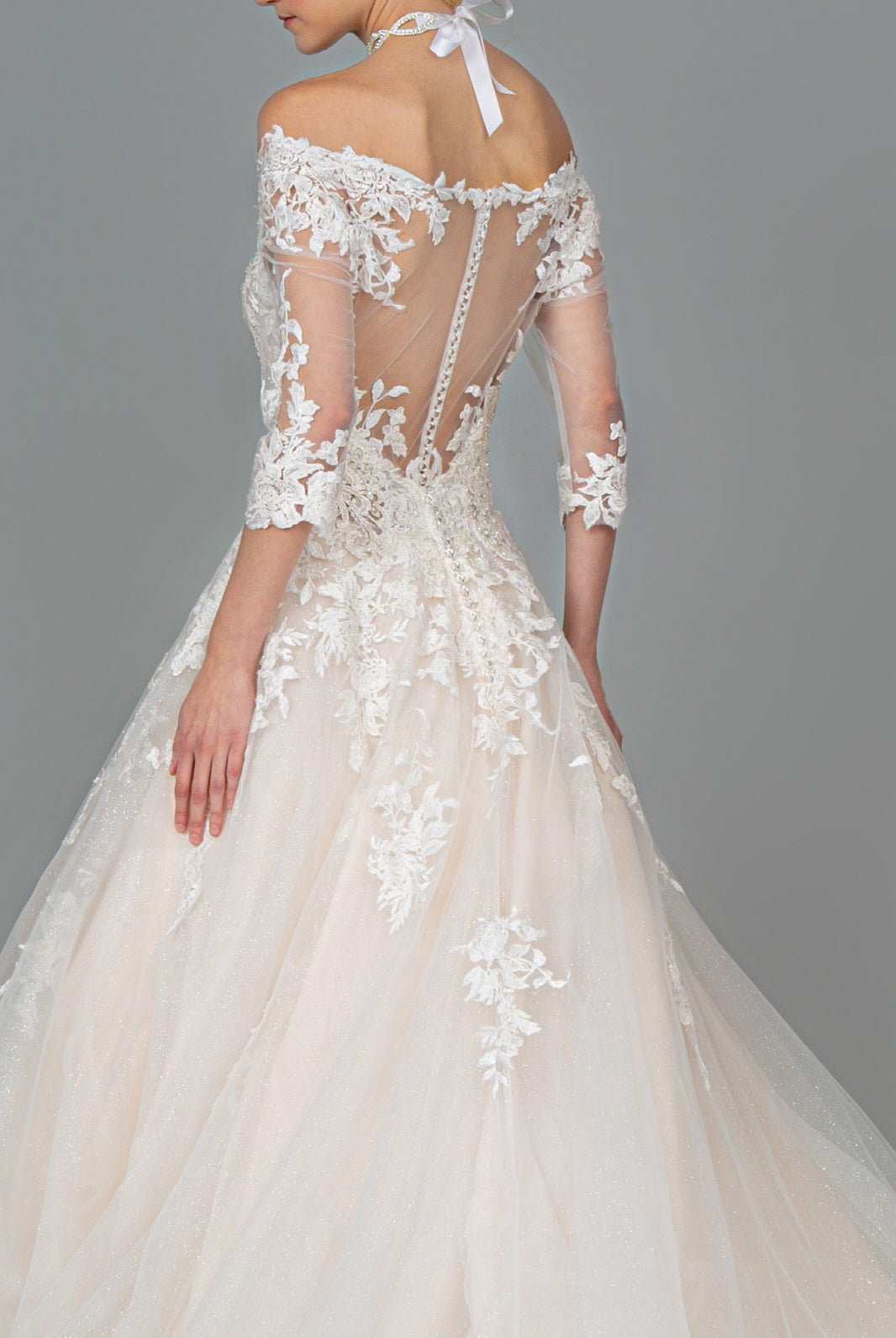 Embroidered Glitter Mesh V-Neck Wedding Gown 1/2 Sleeve GLGL1803-smcdress