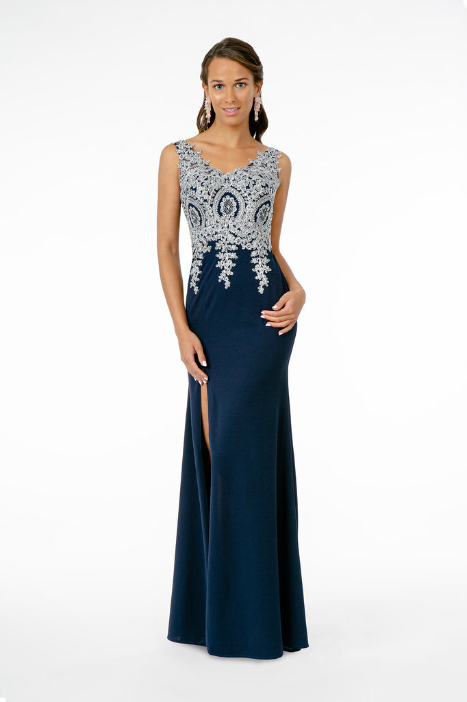 Embroidered Bodice Jersey Long Dress with Slit-smcdress