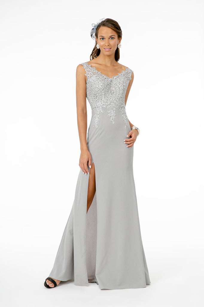 Embroidered Bodice Jersey Long Dress with Slit-smcdress
