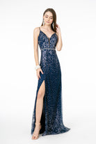 Glitter Mesh Illusion Deep V-Neck Long Dress-smcdress