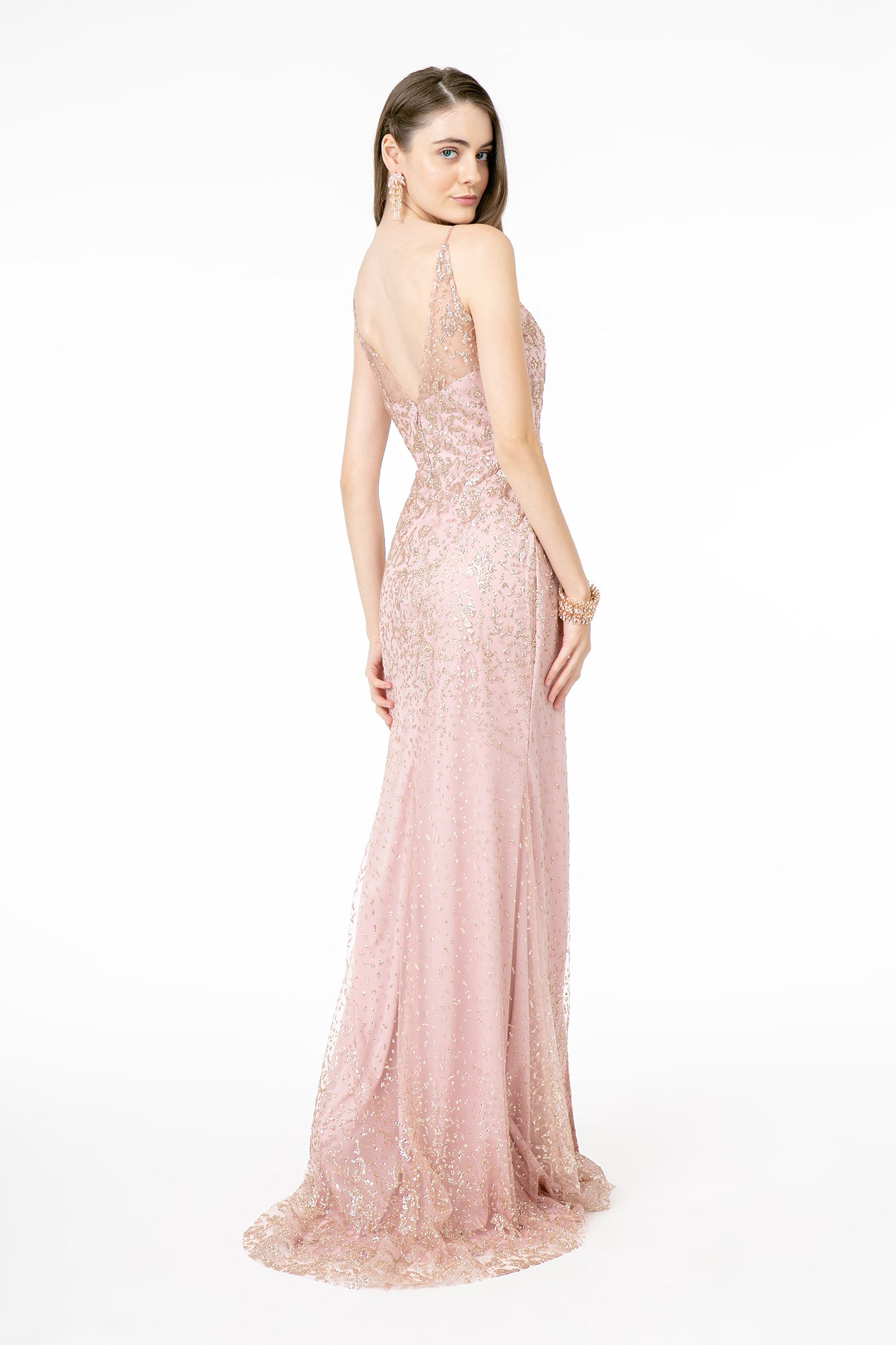 Glitter Mesh Illusion Deep V-Neck Long Dress-smcdress