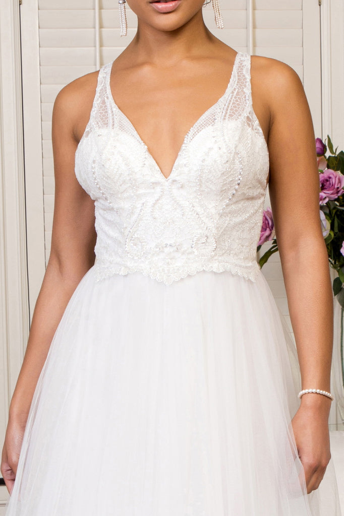 Beads Embellished Bodice Glitter Mesh Wedding Gown-smcdress