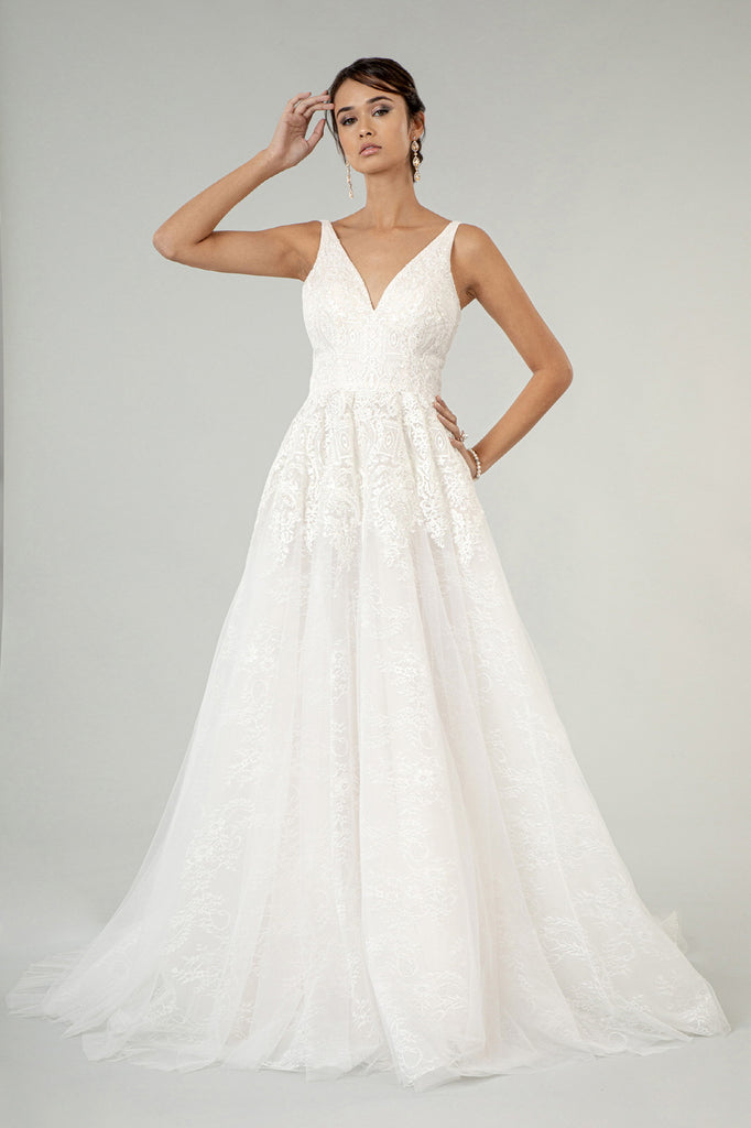 V-Neck Emboridery Mesh Wedding Gown Lace Lining-smcdress