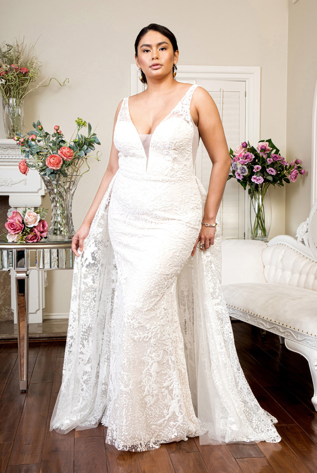 Sheer Side and Back Mermaid Wedding Gown with Detachable Layer-smcdress