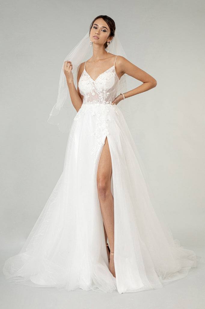 Embroidered Sheer Bodice V-Neck Wedding Gown with Tail-smcdress