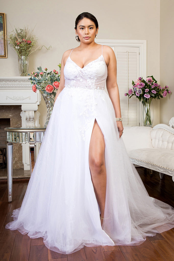 Embroidered Sheer Bodice V-Neck Wedding Gown with Tail-smcdress