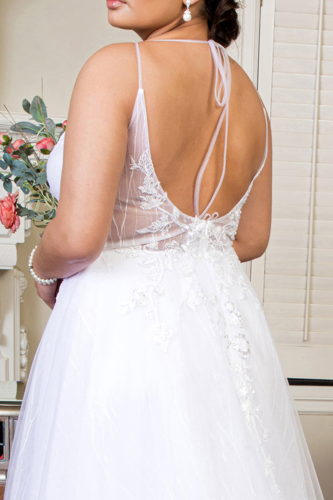 Embroidered Sheer Bodice V-Neck Wedding Gown with Tail-smcdress