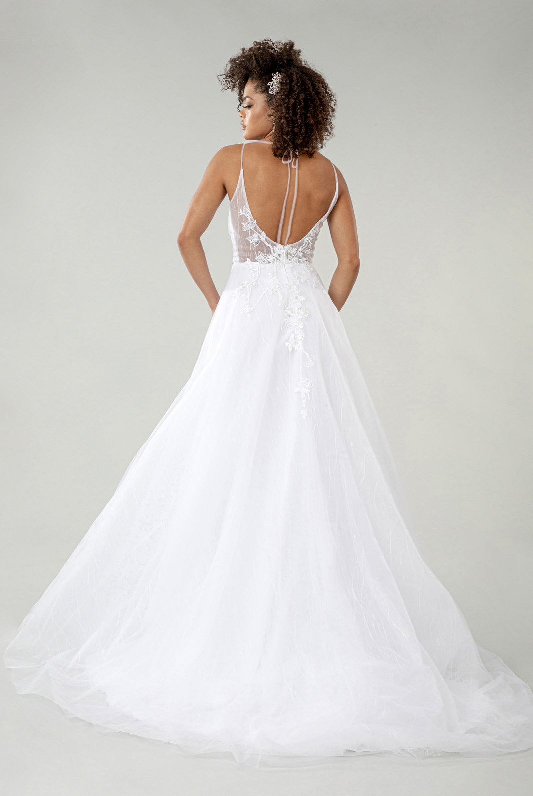 Embroidered Sheer Bodice V-Neck Wedding Gown with Tail-smcdress