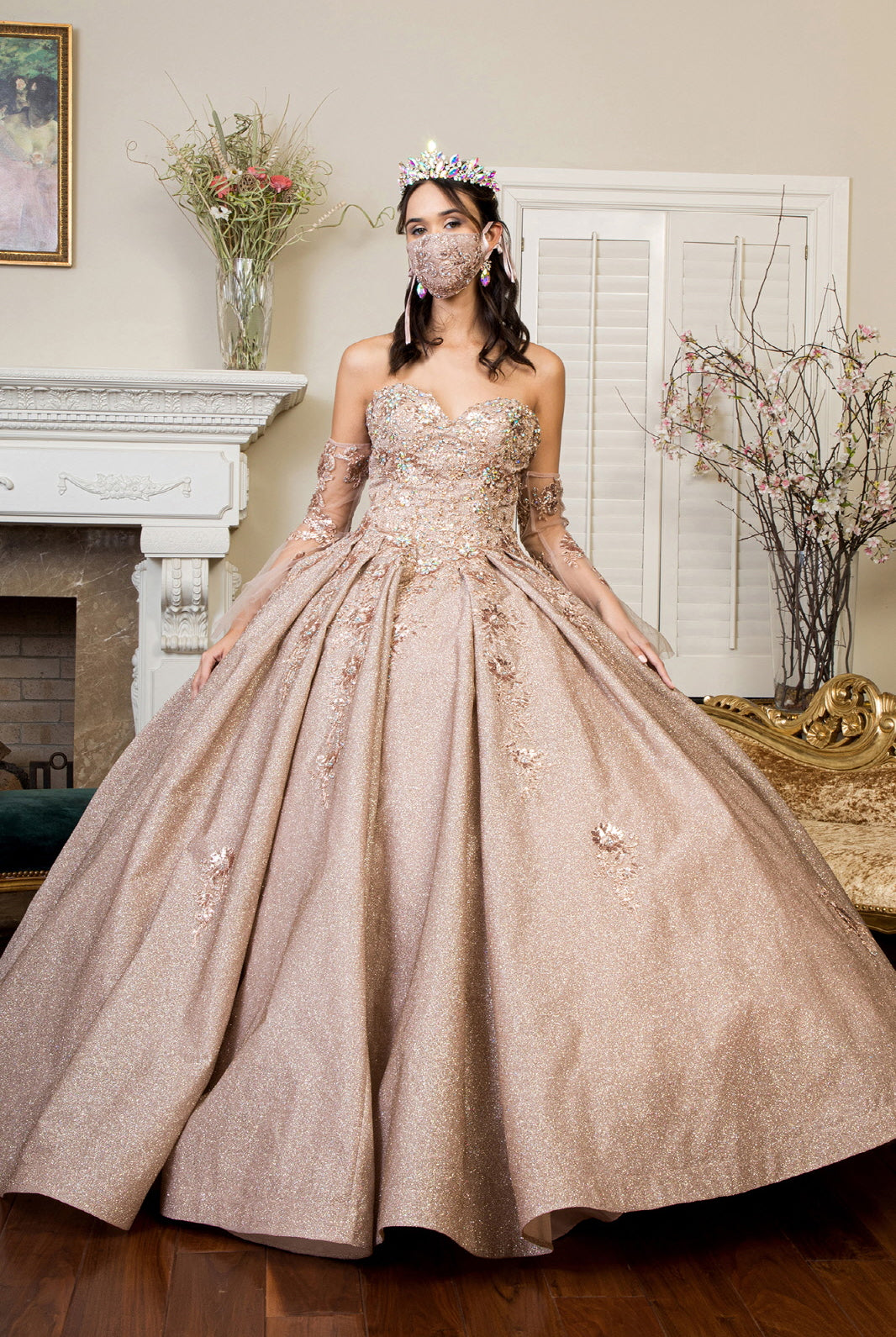 Ruffle Tail Quinceanera Dress w/ Detached Mesh Sleeve - No Mask-smcdress