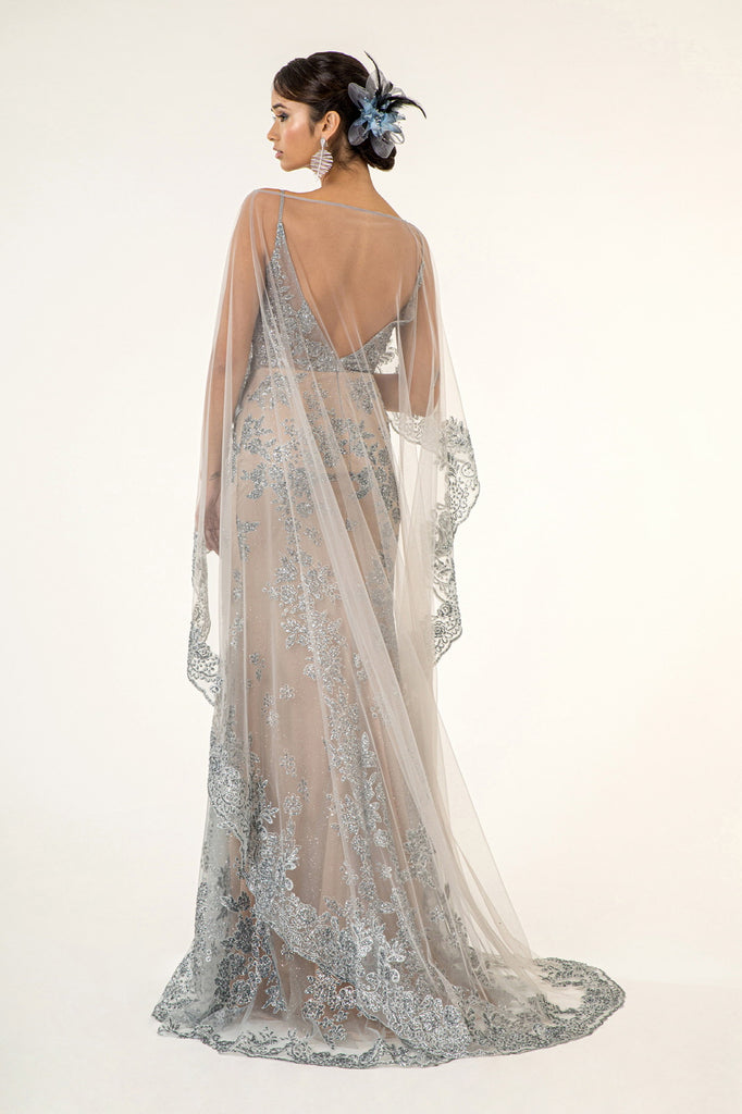 Glitter Embellished Mesh V-Neck Long Dress-smcdress