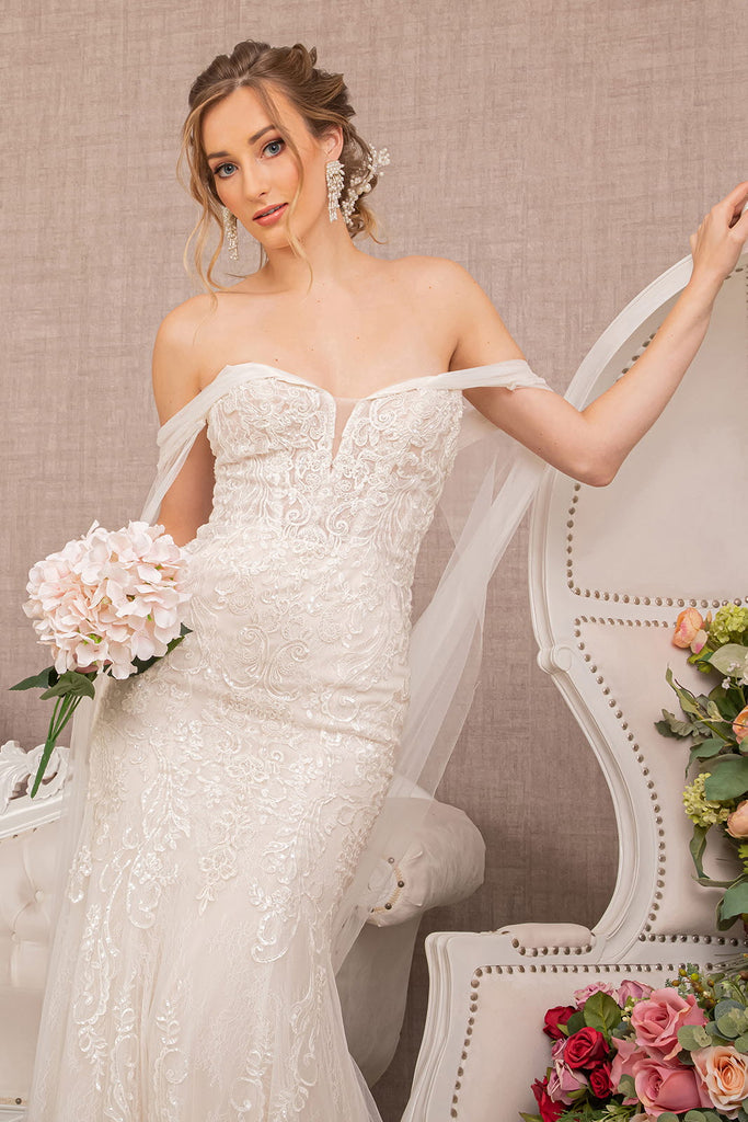 Embroidered V-Neck Mermaid Wedding Gown-smcdress