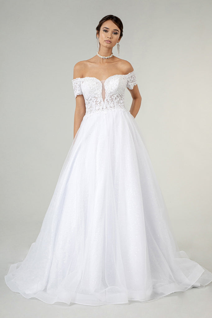 Embroidered Bodice Cut-Away Shoulder Wedding Gown-smcdress