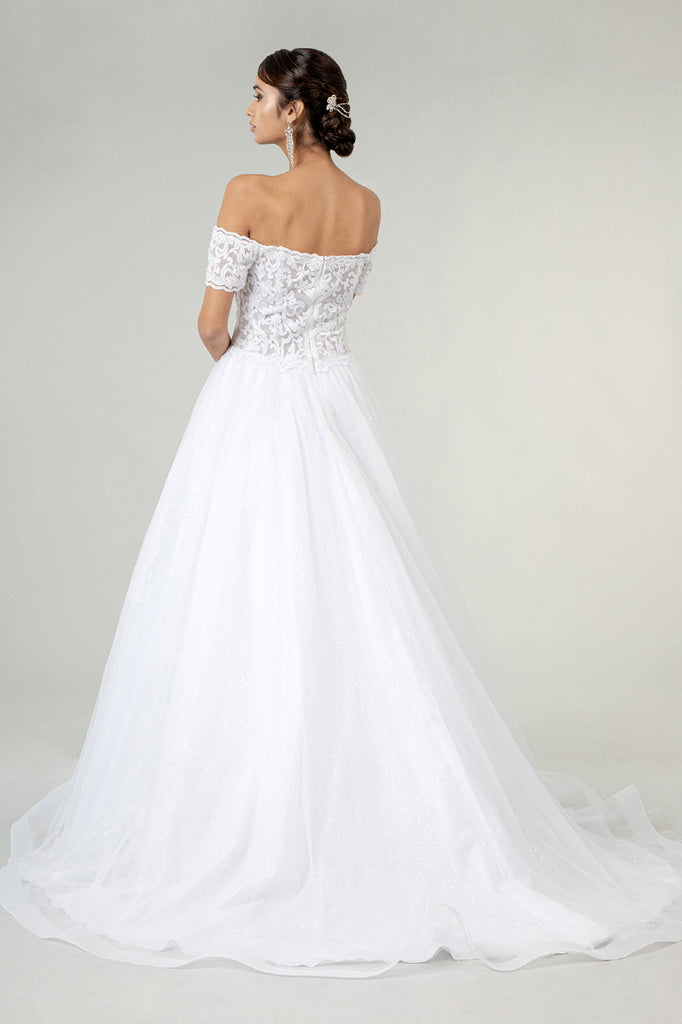 Embroidered Bodice Cut-Away Shoulder Wedding Gown-smcdress
