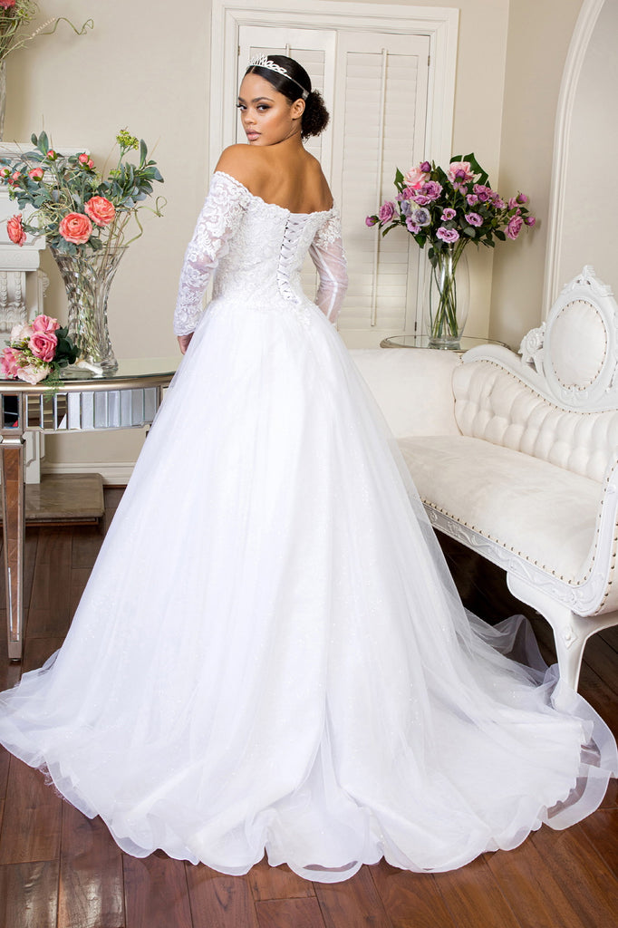 Sheer Sleeve Embroidered Sweetheart Mesh Wedding Gown-smcdress