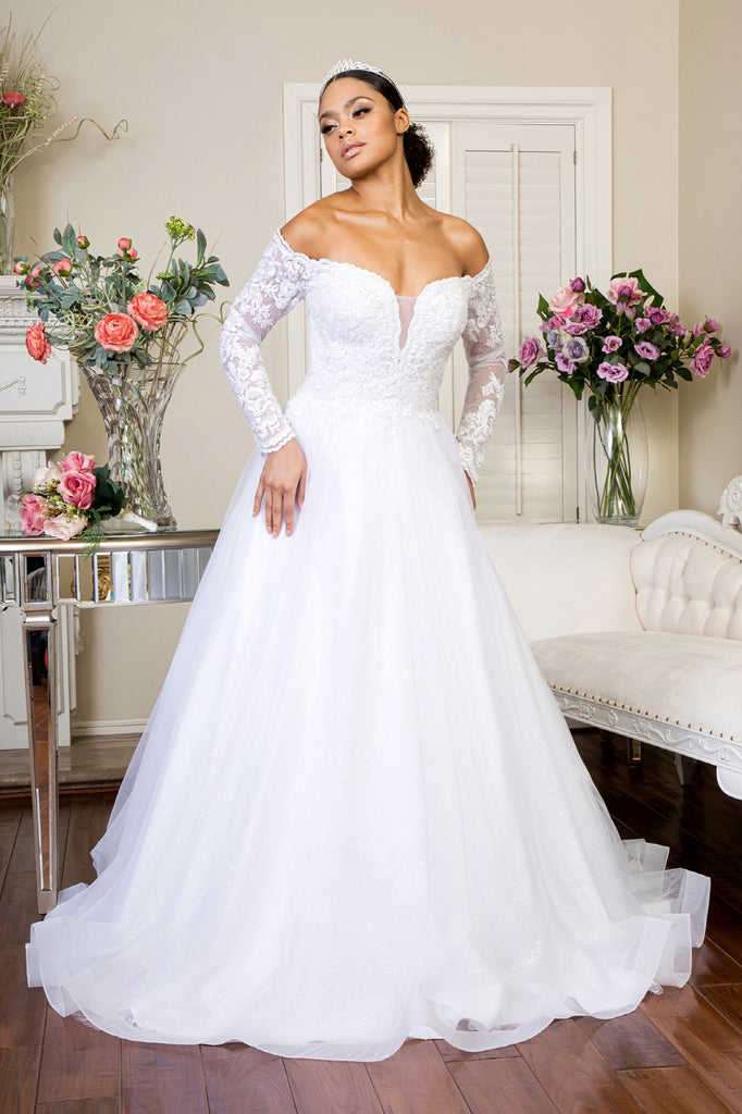 Sheer Sleeve Embroidered Sweetheart Mesh Wedding Gown-smcdress