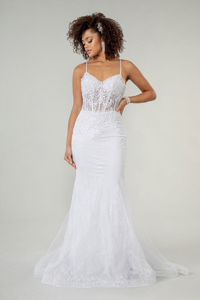 Embroidered Sheer Bodice Mermaid Wedding Gown Lace Up Back-smcdress