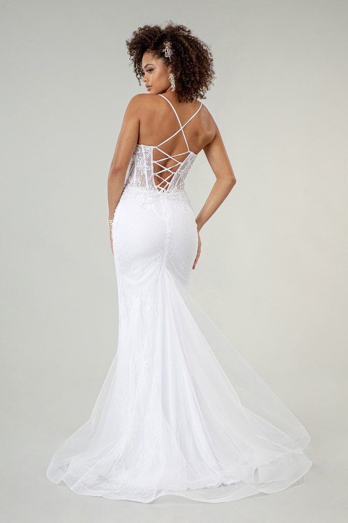 Embroidered Sheer Bodice Mermaid Wedding Gown Lace Up Back-smcdress