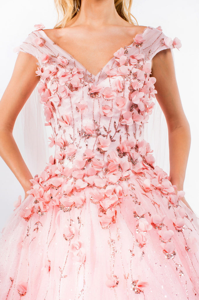 Floral Applique Quinceanera Dress with Detachable Cape Sleeve-smcdress