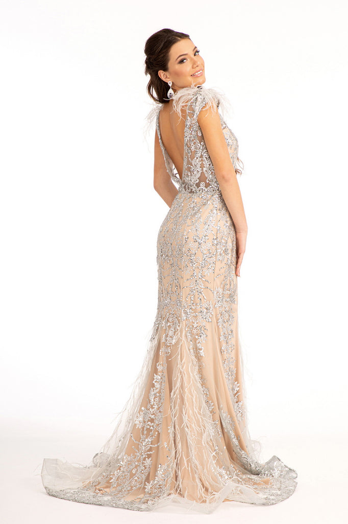 Feather Embellished Sleeveless Glitter Mesh Prom Dress Sheer Back-smcdress