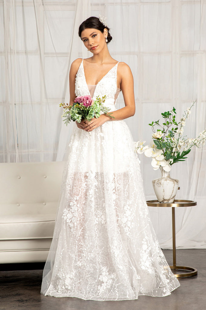 Floral 3D Applique Embellished Wedding Dress-smcdress