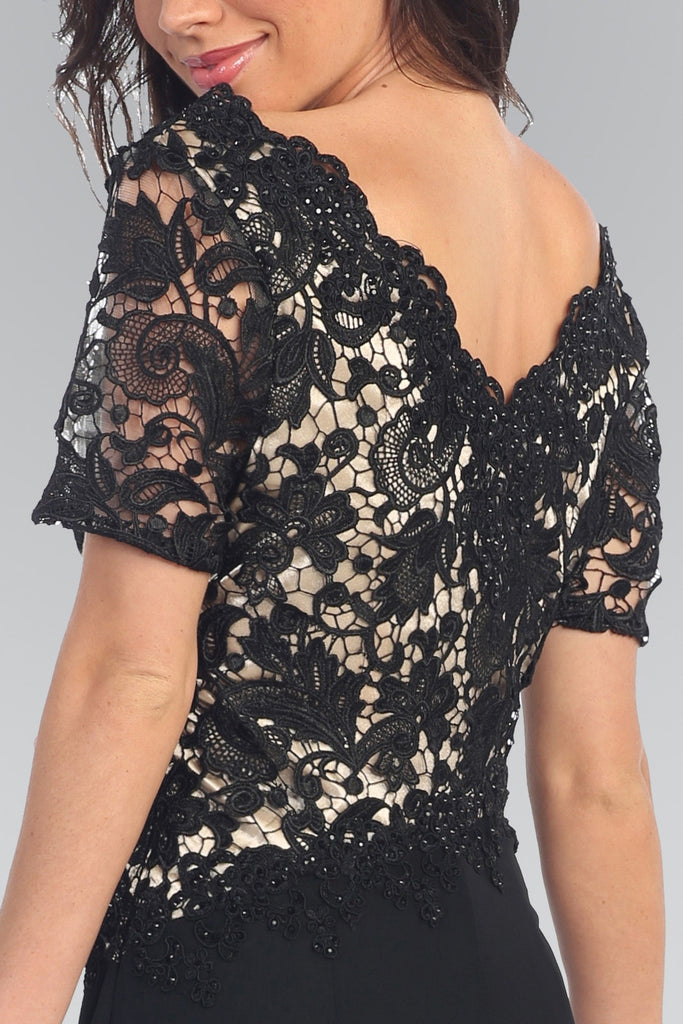 Short Sleeve V-Neck Long Dress with Lace Bodice-smcdress
