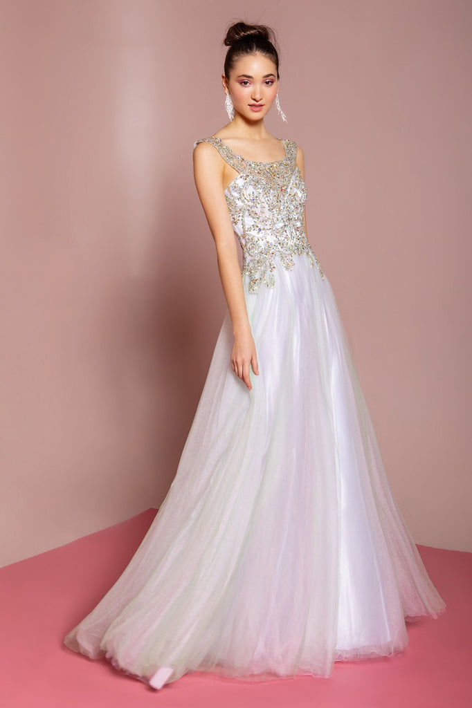 Sleeveless Tulle Long Dress with Bead Embellished Bodice and Neckline-smcdress