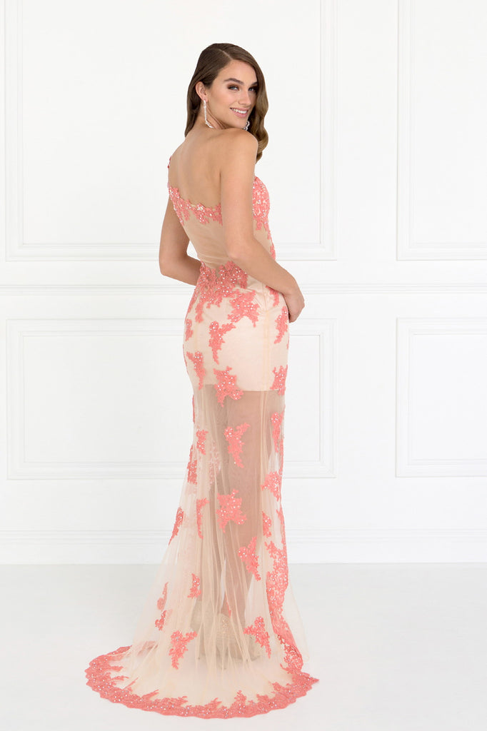 One Shoulder Sheer Back Long Dress with Lace-smcdress
