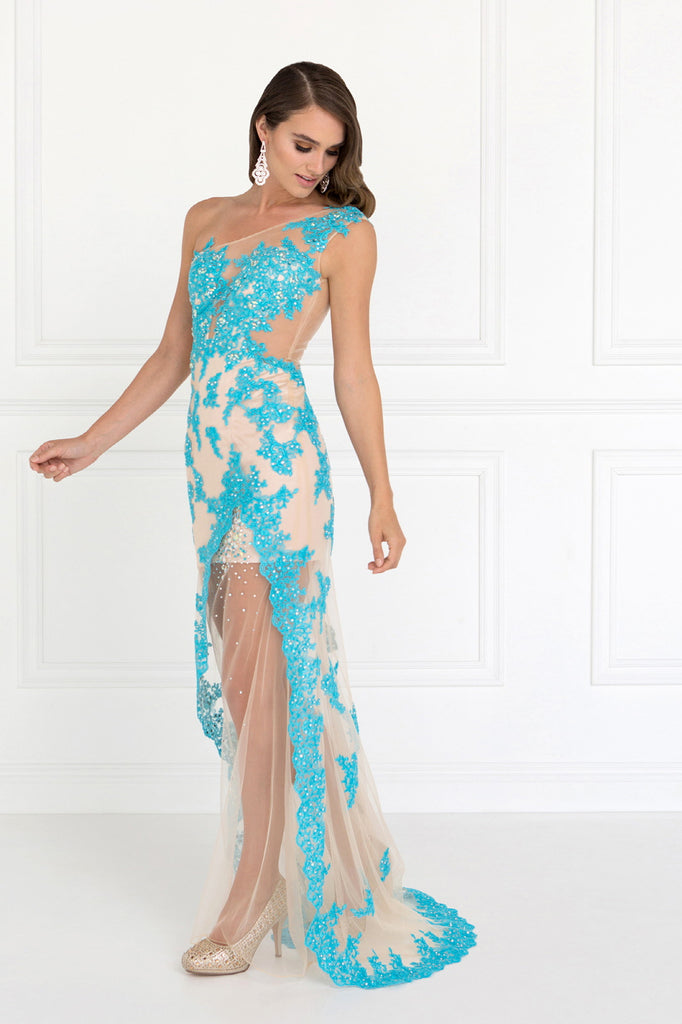 One Shoulder Sheer Back Long Dress with Lace-smcdress