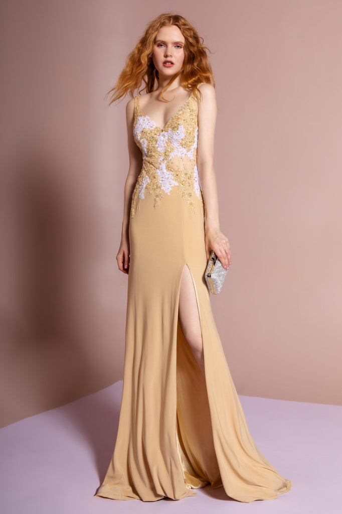Jersey Long Dress with Sheer Midriff and Side Slit-smcdress
